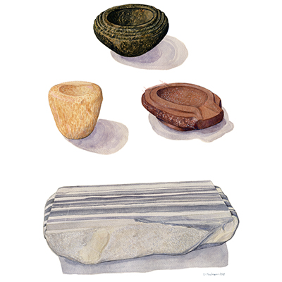 Color drawing of Frontispiece. Stone vases in various stages of manufacture: IC.176, IC.169, IC.171, IC.170 (S 244, 100, 242, 233; from top to bottom). Drawn by Doug Faulmann.