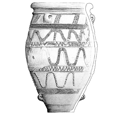 Black and white drawing of Frontispiece. Pithos from Magazine VI in the West Magazine Complex at the palace of Knossos. Drawn by Nikoletta Ntolia.