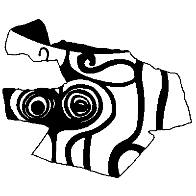 Black and white drawing of chapter icon and Site 36.9: Late Minoan IIIA–B pottery and loomweight (M.S. Mook).