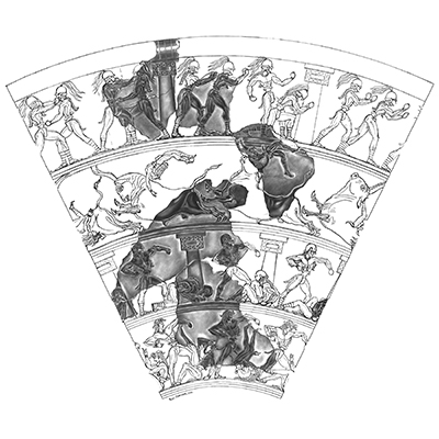 Black and white drawing of Type III S Conical, Boxer Rhyton (651). Reconstruction drawing by R. Porter (see also Fig. 29).