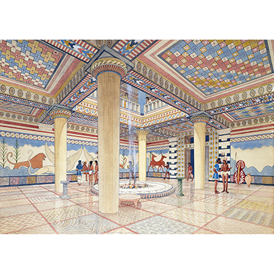 Color photo of Plate 8B. Reconstruction of the megaron in the palace at Pylos as restored by Piet de Jong, LH IIIB.
