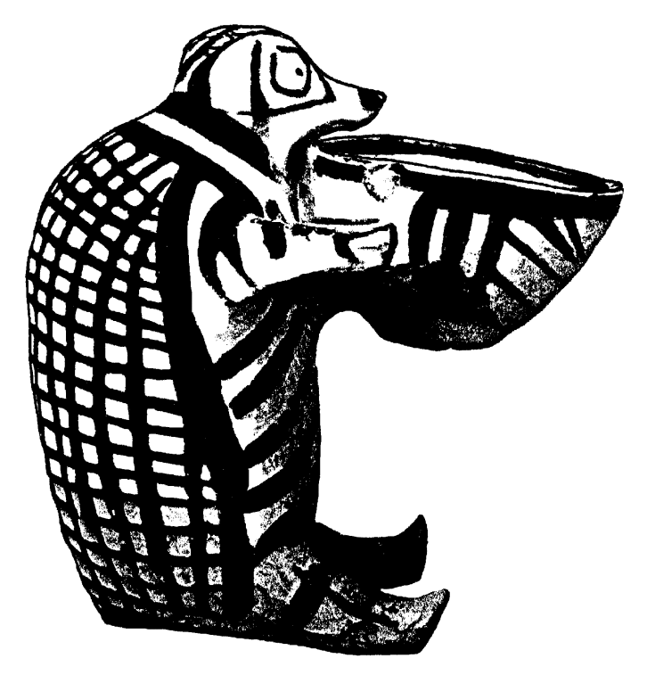Black and white drawing of the chapter icon which is Figure 2.6. Clay vessel from Chalandriani, Syros, made in the form of a hedgehog holding a small cup or bowl. Keros-Syros Group.