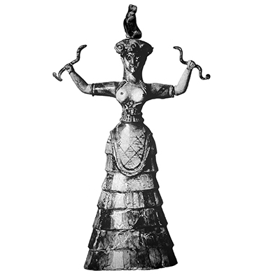 Black and white photo of Figure 5.24. Female figurine holding snakes from the Temple Repositories at Knossos. MM III to LM IA.