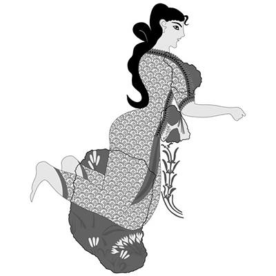 Black and white photo of Plate 18.2. Reconstruction of the kneeling figure from Room 14 at Hagia Triada. Drawing by B. Jones and R. Ruppert.