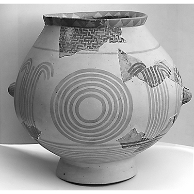 Black and white photo of Plate 3.4. Vase (731) with shoulder canvas, concentric circles, and plant motif. Reconstructed pot.