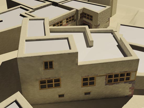 Color image of Plate 2B. The West House and its surroundings seen from the north. Computer reconstruction by A. Kassios.