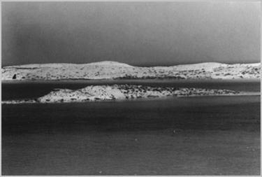Black and white photo of Bate's Island, from the southwest.