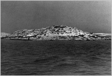 Black and white photo of Bate's Island, from the south (1987).
