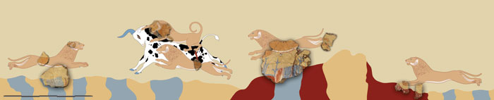 Watercolor Figure 13.3. Scene of lions preying on bull from Tell el- Dabca (reconstruction by N. Marinatos; execution by M. Negrete Martinez).