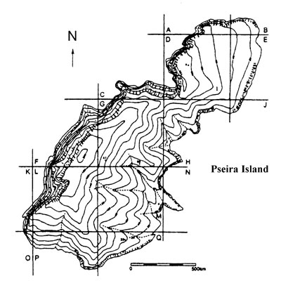 Black and white drawing of map of Pseira from Pseira VIII.