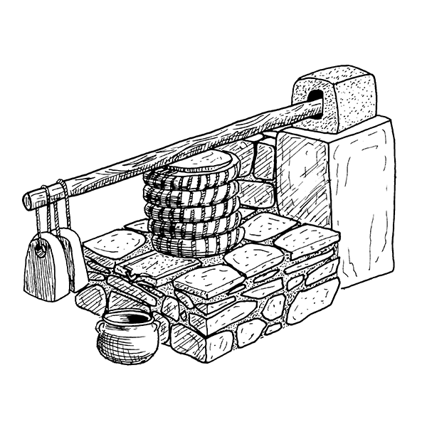 Black and white drawing of Plate 18. Room 6: (a) reconstructed interior view, looking southeast; (b) detail of beam press. Drawing D. Faulmann.