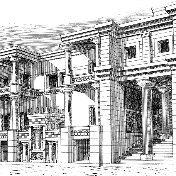 Black and white drawing of Figure 1.46. Knossos palace, restored view of a portion of the facade of the West Wing on the Central Court, showing the Tripartite Shrine (left) and the Stepped Porch (right) leading to first-floor reception rooms. Evans 1921–1935, II, fig. 532.