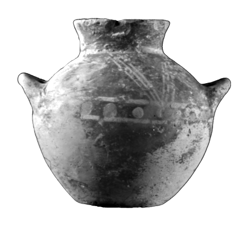 Black and white photo of Plate 1. EM IIB Vasiliki Style imitations in the Lasithi Red Fabric Group EM III–MM II vessel in pale fabrics with light-on-dark decoration jar (139).