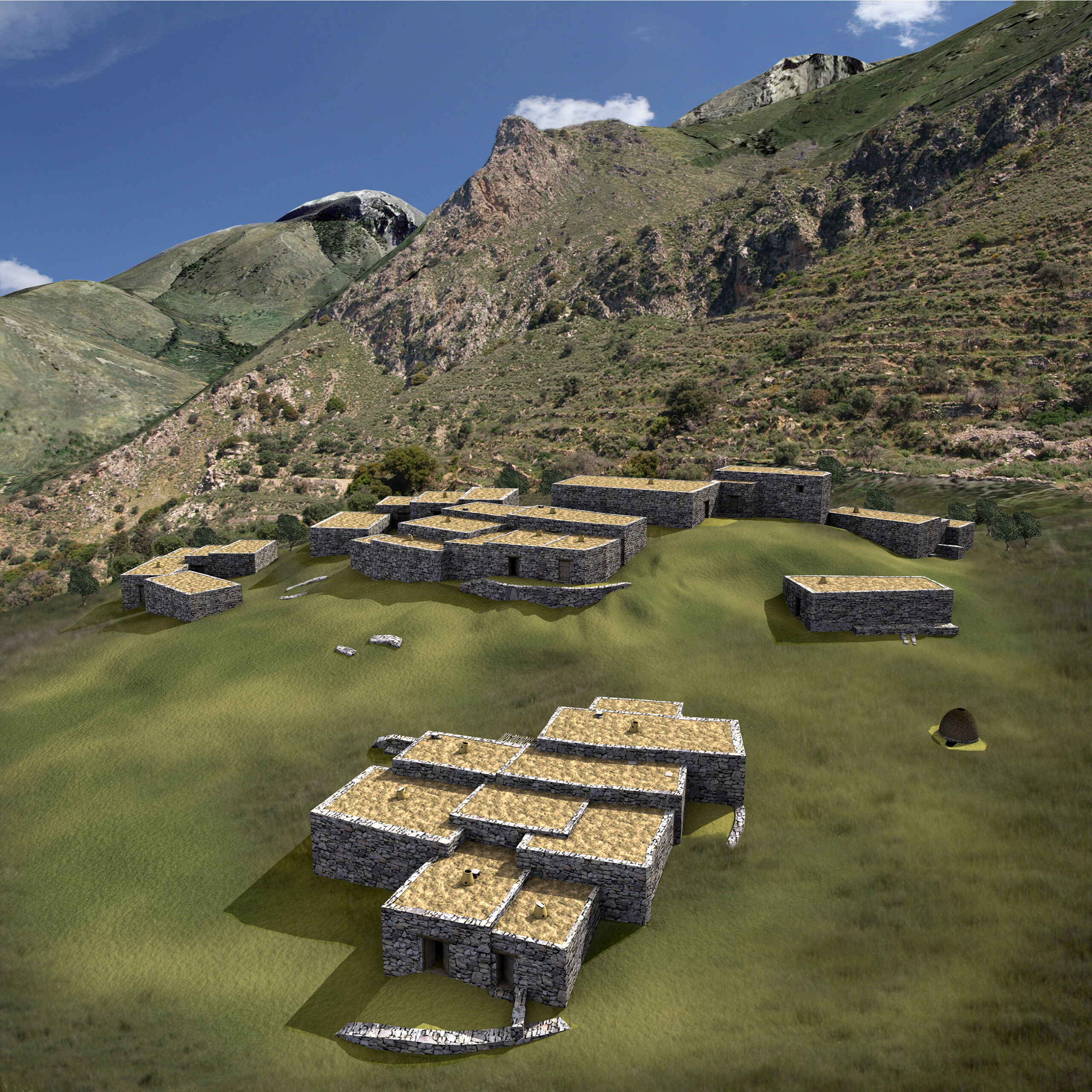 Color image of the frontispiece Digital reconstruction of the LM IIIC settlement at Kavousi Vronda as seen from the west. Visualization created by Sayed Kashif Dafedar.