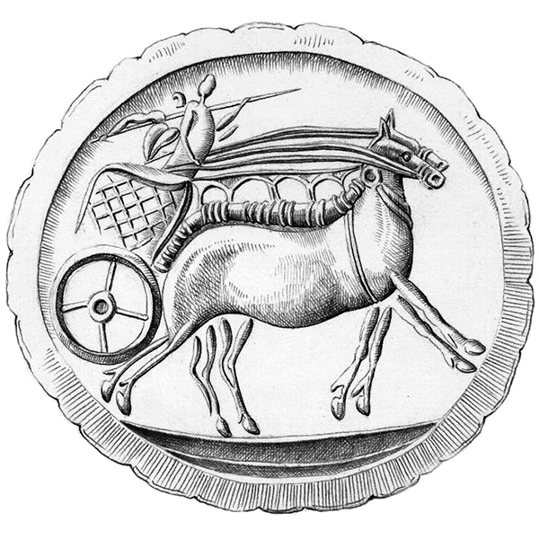 Black and white photo of Figure 3.6. Scenes of chariots on rings and a sealstone: (c) sealstone from Vapheio (LB I–II), agate lentoid, 3.0 x 3.1 cm, CMS I, no. 229.