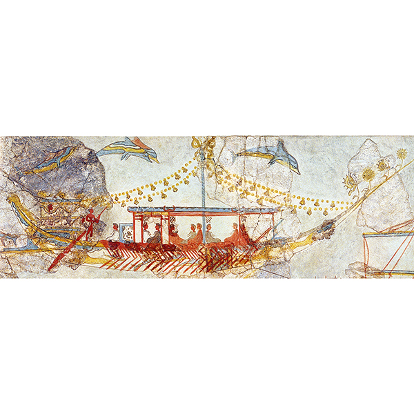 Color photo of Figure 3.2. Flagship, detail from the south wall of the Miniature Frieze, Room 5, West House, Akrotiri, Thera. Scale ca. 1:4. Doumas 1992, pl. 36, detail.