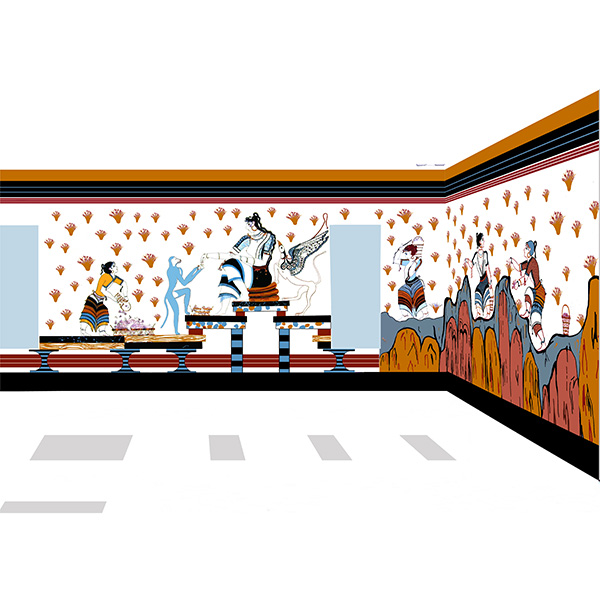 Color drawing of fresco from Xeste 3, Thera, Late Cycladic IA.
