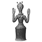 Black and white photo of Minoan clay figurine of the Goddess with Upraised Arms.